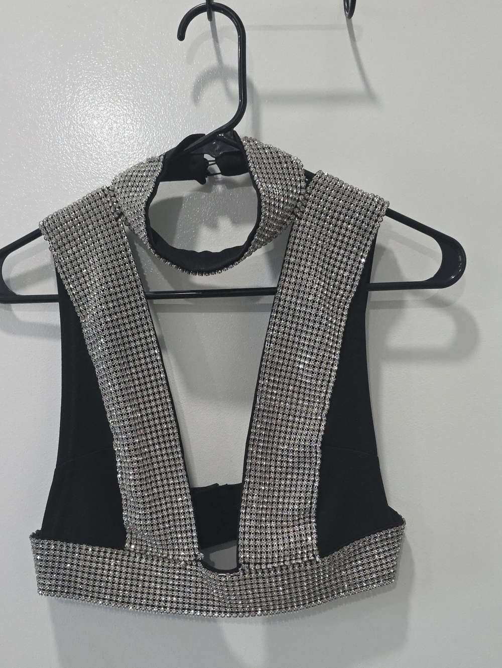 Black Crop Top with Silver Rhinestone Trim - Women's Party Top